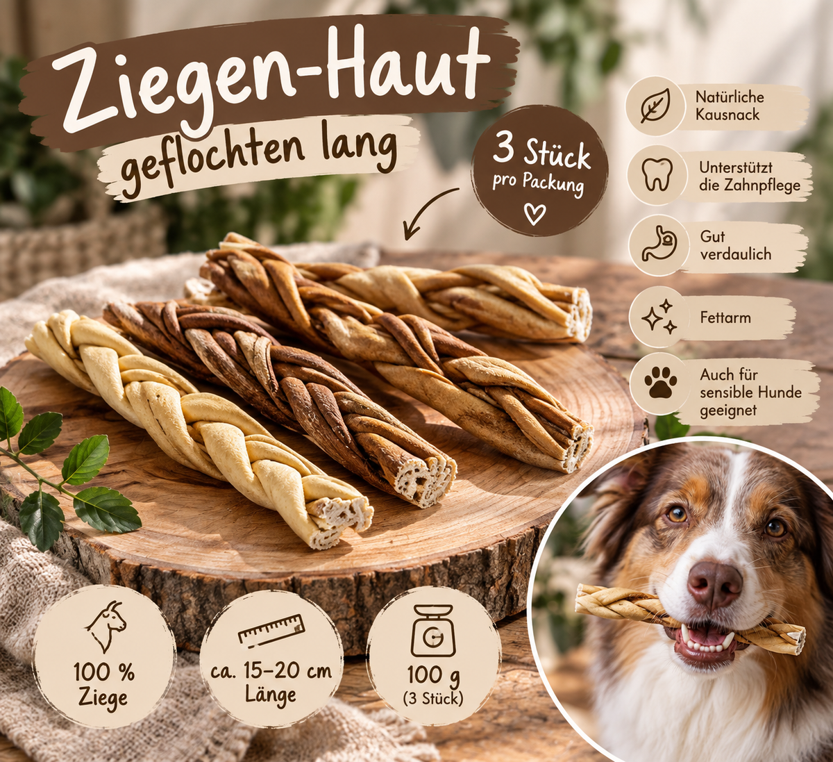 Ziegenhaut geflochten lang – 100 g | 3 Stück