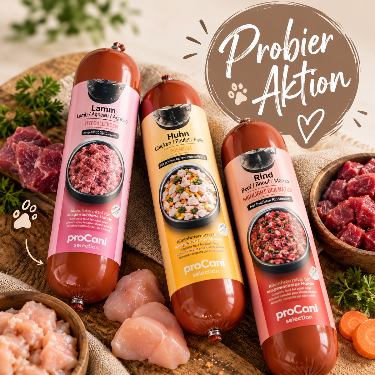 proCani Probierpaket – 3 × 400 g Kochwurst | Huhn, Rind & Lamm