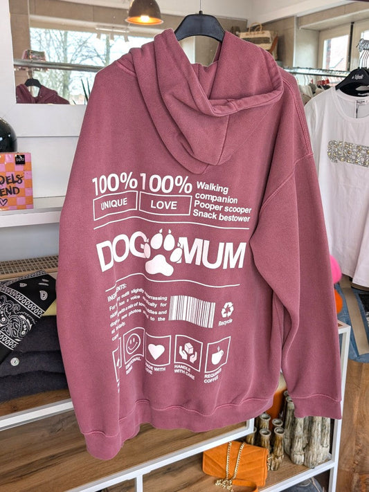 Hoodie Dog Mum Backprint Brombeer Weiß Oversized Used Look Baumwolle One Size - von Pretty Body 2602