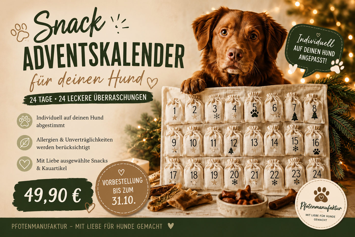 Snack-Adventskalender – Individuell für deinen Hund | 24 leckere Überraschungen