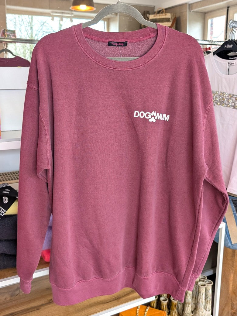 Sweatshirt Dog Mum Backprint Brombeere Weiß Oversized Used Look Baumwolle One Size - von Pretty Body 2555